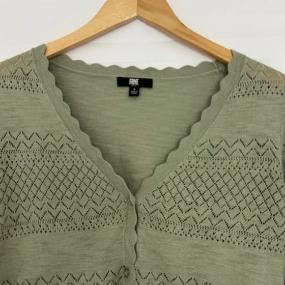 Frye Sage Green Pointelle Scalloped Cotton Cardigan Sweater Womens S Cottagecore - Picture 3 of 8